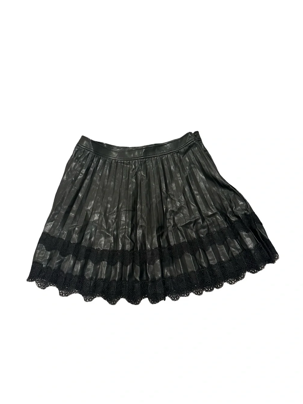 NWT Cinq a Sept Women's Size 14 Black Pleated Vegan Leather with Lace-Hem Skirt